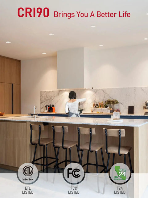 Modern kitchen with 12 Pack Four Inch LED Recessed Can Lights Retrofit Kit, Dimmable and Energy Efficient, installed in ceiling