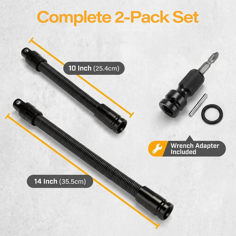 One Half Inch Flexible Shaft Extension With Universal Wrench Adapter Set 10 Inch And 14 Inch Heavy Duty Chrome Vanadium Tool displayed.