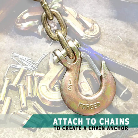 Heavy Duty Half Inch Grade 70 Forged Clevis Slip Hook With Secure Safety Latch For Trailer Towing And Chain Rigging Two Piece Pack, close-up on the hook.