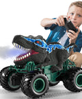 Child playing with Epic 2.4GHz RC Dinosaur Car With Light Sound And Sprayer Indoor Outdoor Kids Toy For Boys Ages 3 4 5 6 7 8 12 Realistic Dino Action Easy Remote Control Gift Idea For Dino Fans, showing toy spraying mist.