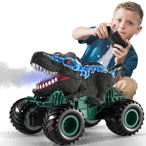 Child playing with Epic 2.4GHz RC Dinosaur Car With Light Sound And Sprayer Indoor Outdoor Kids Toy For Boys Ages 3 4 5 6 7 8 12 Realistic Dino Action Easy Remote Control Gift Idea For Dino Fans, showing toy spraying mist.