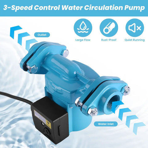 3-Speed Control Water Circulation Pump 115V with water inlet and outlet for tank heaters, blue cast iron construction.