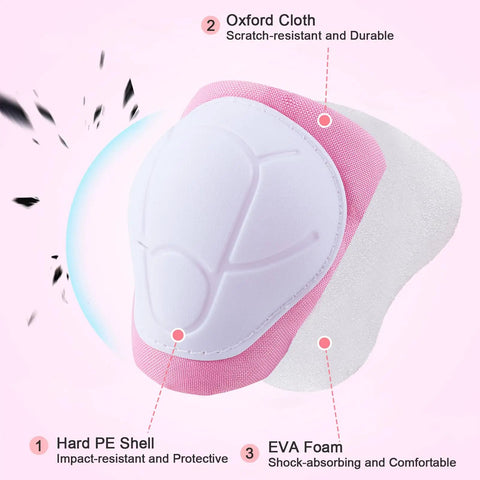 Close-up of Pink All-In-One Kid Protective Gear Set knee pad with hard PE shell, Oxford cloth, and EVA foam layers.