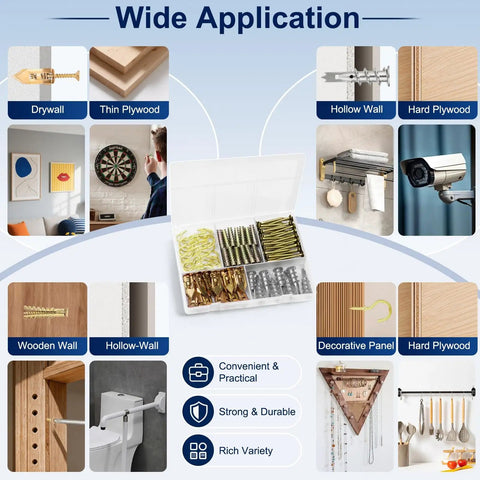 Picture Hanging Kit 116 Piece Set With Zinc Self Drilling Drywall Anchors shown with applications on various wall types