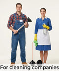 Two cleaning professionals holding tools next to a Six Piece Heavy Duty Toilet Plunger Set With Holder, 18 Inch Commercial Rubber Force Cups For Stubborn Clogs, Real Deal Durability For Quick Drain Fixes, Straight Shooter Black Bulk Bundle.