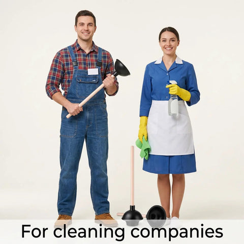 Two cleaning professionals holding tools next to a Six Piece Heavy Duty Toilet Plunger Set With Holder, 18 Inch Commercial Rubber Force Cups For Stubborn Clogs, Real Deal Durability For Quick Drain Fixes, Straight Shooter Black Bulk Bundle.