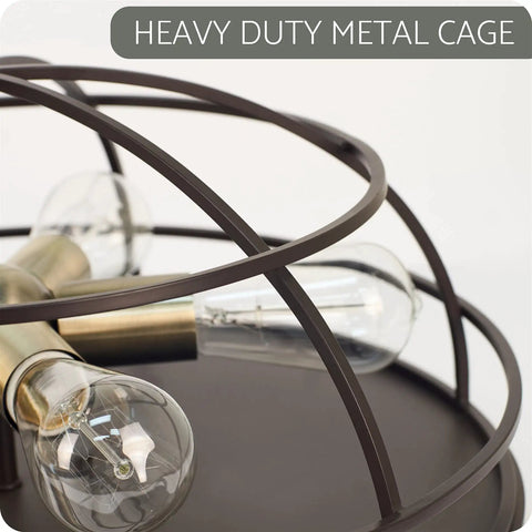 Close-up of Industrial Farmhouse 18 Inch Five Light Cage Flush Mount Ceiling Light with metal cage and visible bulbs.