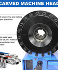 No Sweat Heavy Duty Handheld Hydraulic Hose Crimper With 7 Dies Set For One Inch R1 R2 Steel Wire Piping, detailed view of carved machine head.