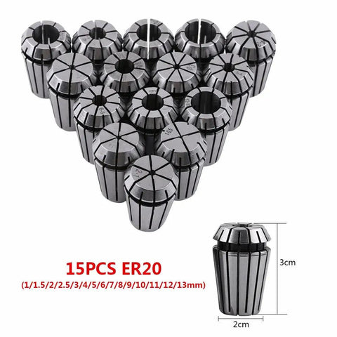 Top Tier ER20 Spring Collet Set 15 Pieces Plus Size Kit 1mm To 13mm showing 15 high precision collets for CNC machines.