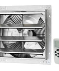 Silver 16-inch Shutter Mount Exhaust Fan with remote control, designed for home cooling, wall mounted to slash cooling costs.