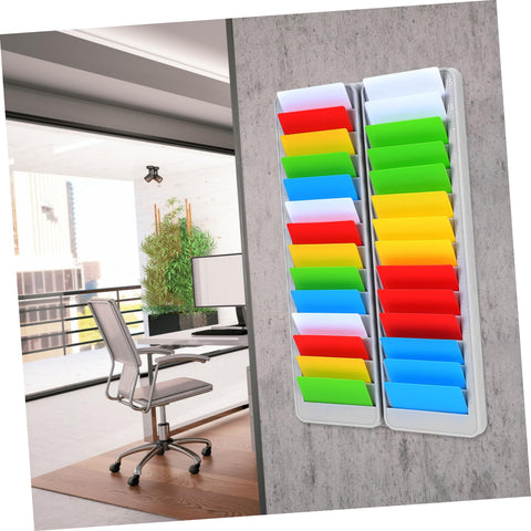 Heavy Duty 28 Slot Guest Room Key And Badge Organizer Rack featuring sleek smart storage in an office with colorful compartments.