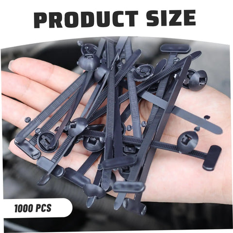 Hand holding black nylon cable tie buckles and bumper retainer clips, 100 pcs set for auto repair and home organization
