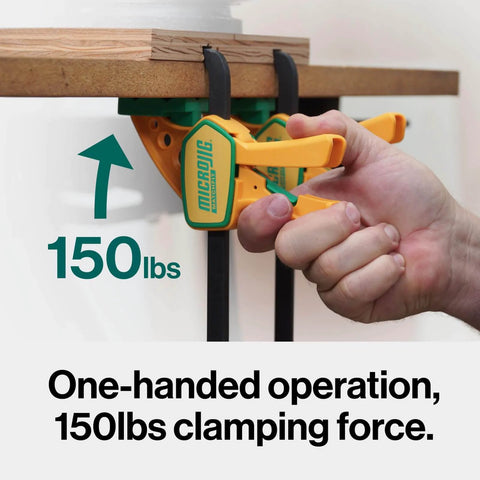 Grr-rip Grip-Strong Dovetail Clamps Two-Pack For Woodworking Jigs And Sleds - T-Track Compatible Squeeze-Action Clamp Set, 150 Lbs Holding Power, Fits One Half Inch Dovetail Grooves, Yellow showing one-handed operation with 150 lbs force.