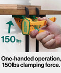 Grr-rip Clamp 4-Pack For Dovetail Grooves one-handed squeeze action clamp in use on wood surface, showing 150 lb holding power.
