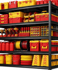 Heavy Duty Metal Garage Shelving Units With Side Guard 5-tier steel rack with red and yellow tool bins in a workshop