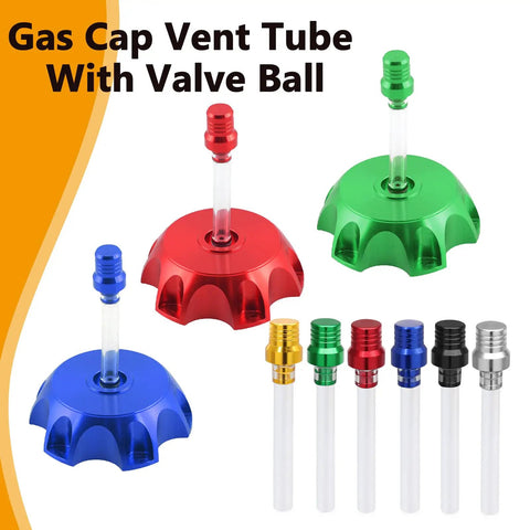 Six Pack Gas Cap Vent Tube Kit with colorful aluminum breather hoses and valve ball, fits motorcycles and ATVs.