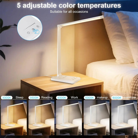 Dimmable LED Desk Lamp with USB Port, 5 adjustable color temperatures, shown in bedroom setting with touch control detail.