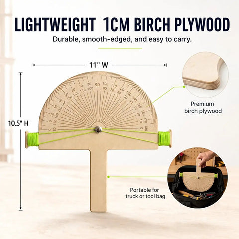 Premium Birch Wood Angle Finder Protractor With String Alignment For Rapid Zero To One Eighty Degree Readings, 11" wide, 10.5" high.