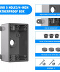 Single Gang Weatherproof Outdoor Electrical Box For One Half Inch Or Three Quarter Inch Conduit Built Tough UL Listed Junction Box For Outlets And Switches Gray PVC Exterior Fits Standard Covers And Inserts with components and accessories shown.