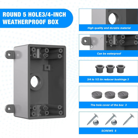 Single Gang Weatherproof Outdoor Electrical Box For One Half Inch Or Three Quarter Inch Conduit Built Tough UL Listed Junction Box For Outlets And Switches Gray PVC Exterior Fits Standard Covers And Inserts with components and accessories shown.