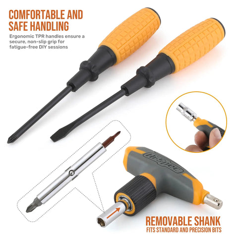 Heavy Duty Magnetic T Handle Ratchet Wrench And Screwdriver Set With Rugged Carry Toolbox 30 Piece showing yellow ergonomic handles and removable shank.