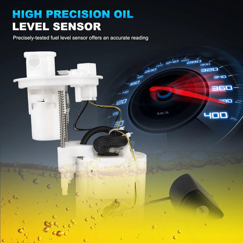 Direct Fit Electric Fuel Pump Module Assembly For Toyota Avalon 2013 2018 And Camry 2012 2017 2.5L 2AR FE Gas Engine Replacement Kit Replaces 7702006282 7702006286 7702006302 7702006306 E9090M FG1969 P76754M SP916 with high precision oil level sensor displayed against speedometer background.