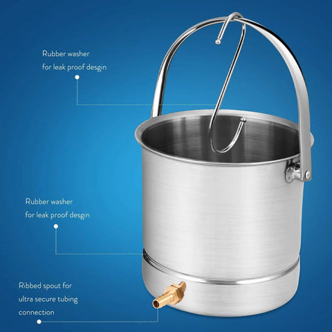 Coffee Enema Kit Stainless Steel 1.8 Qt Bucket Easy To Use No Fuss Setup With Food Grade 304 Stainless BPA Free Silicone Hose Phthalate Free Non Toxic Construction For Cleanse And Detox Enemas, leak-proof spout