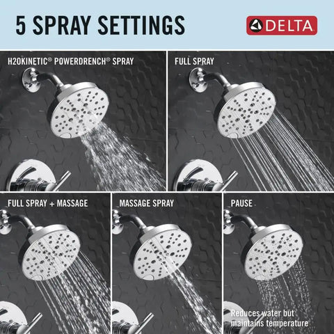 Nicoli 14 Series H2Okinetic Bathtub And Shower Faucet Set showing 5 spray settings with chrome finish shower head.