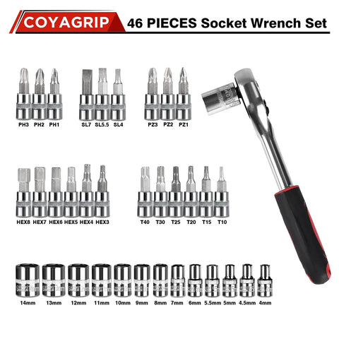 46 Piece Socket Ratchet Wrench Set One Quarter Inch Drive With Metric Sockets And Screwdriver Bit Set Extension Bar