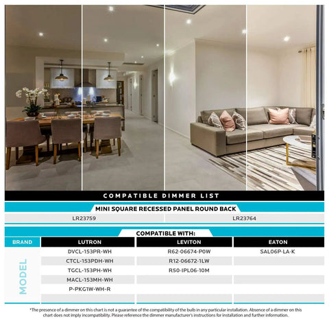 Interior view with 4 Inch Ultra Thin Square LED Recessed Lighting Kit, Dimmable 10W Downlights, compatible dimmers list