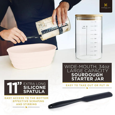 Person using the Ultimate Sourdough Starter Kit With Banneton Proofing Baskets 14 Piece Bread Making Set including glass jar.