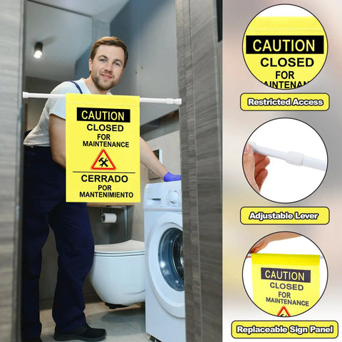 Two Pack Restroom Closed For Maintenance Signs With English And Spanish Doorway Barricade Signs On Adjustable Poles in use