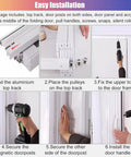 Installation steps for Custom Sized Insulated Sliding Accordion Room Divider With Smooth Folding Panels, showing aluminum frame and components.