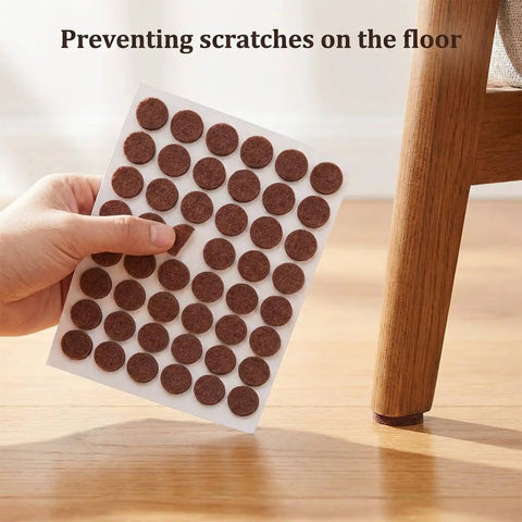 Top Shelf Self Sticky Felt Pads 48 Pack Brown Round Bumpers for Chair Legs and Cabinet Doors, showing adhesive pads on a sheet.
