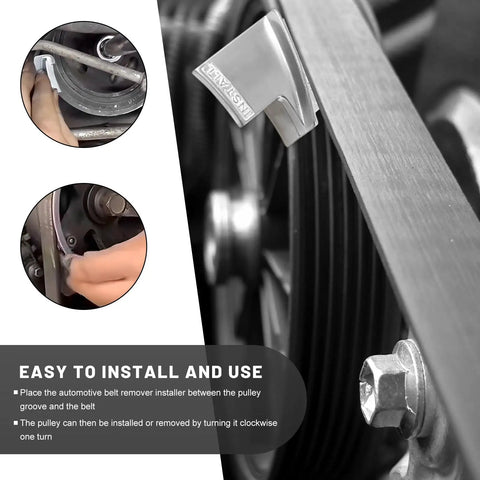 Close-up of Two Piece Stretch Belt Mate Kit with Metal Remover Installer Tool demonstrating easy installation on vehicle pulley.