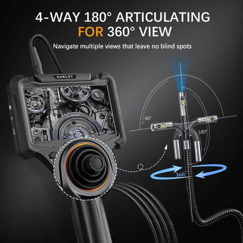 Dual Lens 360 Degree Borescope With Light, 5 Inch HD Monitor, 4 Way Joystick Inspection Camera, Pro Grade Slim 0.25 Inch Probe, 5 Ft SemiRigid Industrial Endoscope For Automotive Maintenance And Mechanical Diagnostics, 4-way articulating probe