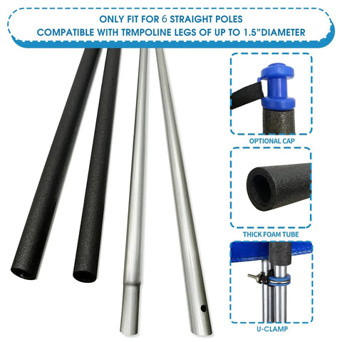 Heavy Duty Universal Trampoline Enclosure Poles Kit For Six Straight Tubes Fits 10 To 16 Foot Nets with foam tubes and clamps.