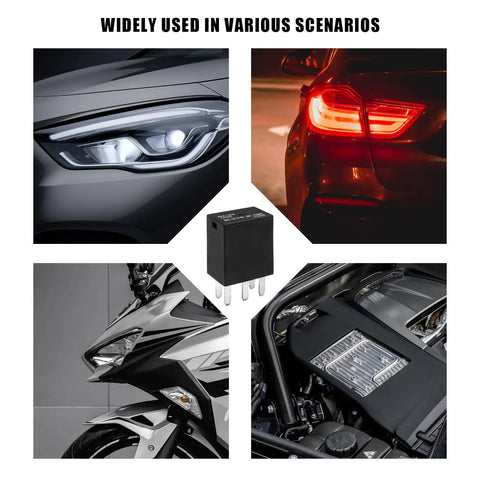Images showcasing the Dead On 4 Pack 12 Volt 35 Amp Auto Power Relay in automotive and motorcycle applications.