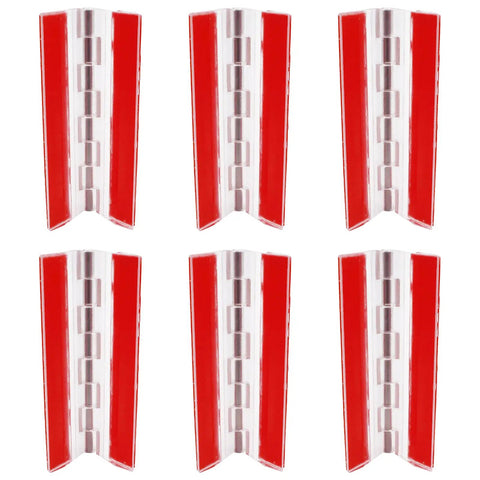 Six Pack Self Adhesive Cabinet Hinges With Stainless Steel Shafts Clear Acrylic 75mm Transparent Hinges visible in packaging.