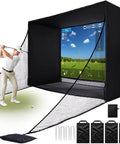 Golfer using 11 By 8 Ft Golf Simulator Enclosure With HD Dual Layer Impact Screen, Side Barriers, Foam Padded Frame for indoor practice