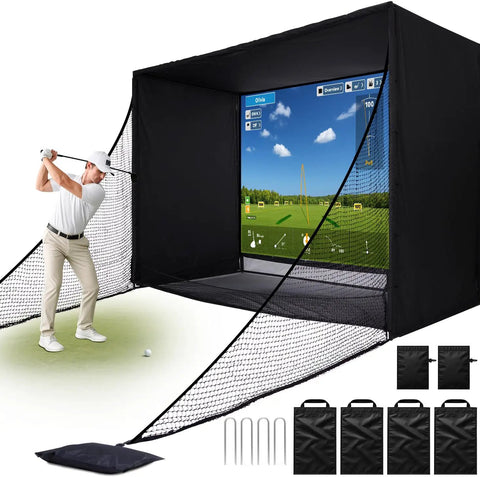 Golfer using 11 By 8 Ft Golf Simulator Enclosure With HD Dual Layer Impact Screen, Side Barriers, Foam Padded Frame for indoor practice