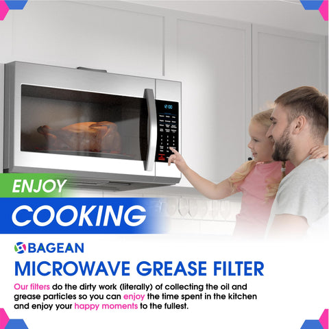 Father and child using microwave with filter ad promoting Microwave Grease Filter Replacement 6.81 By 6.34 Inches No Fuss Fit
