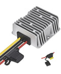 Premium DC DC Step Down Converter Boasts 20 Amp 240 Watt in silver metal with wires for 12V output, designed for Golf Carts and RVs.