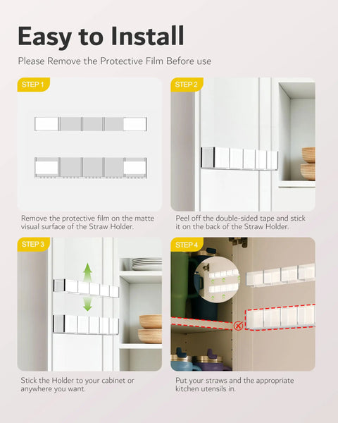 Instructions for installing Slick 9.5 Inch Acrylic Straw Organizer Clips Securely To Cabinet Doors With Extra Grippy Adhesive Strips.