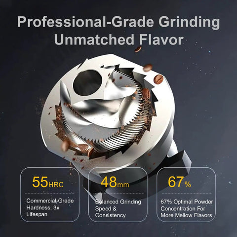 Close-up of 48mm conical burr for Single Dose Burr Coffee Grinder With Magnetic Dosing Cup Quiet Electric Espresso Grinder For Home Use Compact