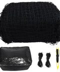 Batting Cage Netting For Backyard Or Garage Use 10x10x35 Ft Or 12x12x55 Ft No Frame Included Baseball And Softball Cage Netting With Rope Bound Edges And Easy Setup For All Skill Levels, shown with accessories.