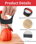Front view of onion holder slicer with black-red ergonomic grip and stainless steel tines slicing onion on a cutting board.