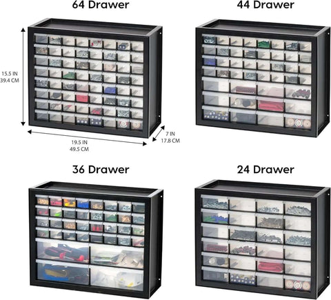 Small Parts Storage Cabinet With 44 Drawer Organizer For Screws Nuts Bolts Electronics Hardware Beads Crafts And More, Built Tough Made In USA Stackable Black Boss Grade shown in four variations.