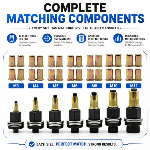 Rivet Nut Pliers And Mandrel Kit For M3 To M12 Rivet Nuts In Carbon Steel, Broad Metric Coverage For Automotive, Workshop, And Home Repairs, Ready To Use Mandrels And Quick Change System. M3-M12 matching mandrels and rivet nuts laid out by size.