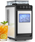 Countertop Portable Ice Maker With External Water Tank showcasing ice cubes and juice glass beside ultra quiet machine